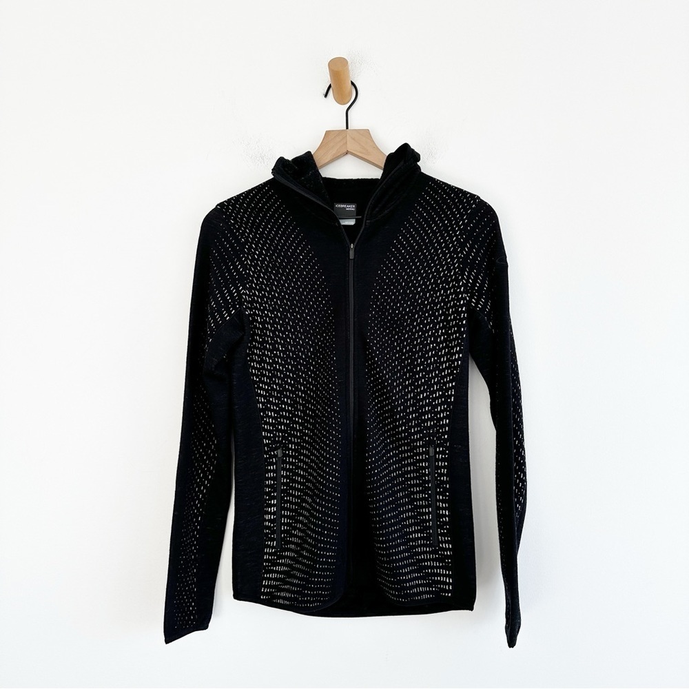 Icebreaker Wool Elemental Long Sleeve Zip Hood Crystal Black Women’s Small Holes